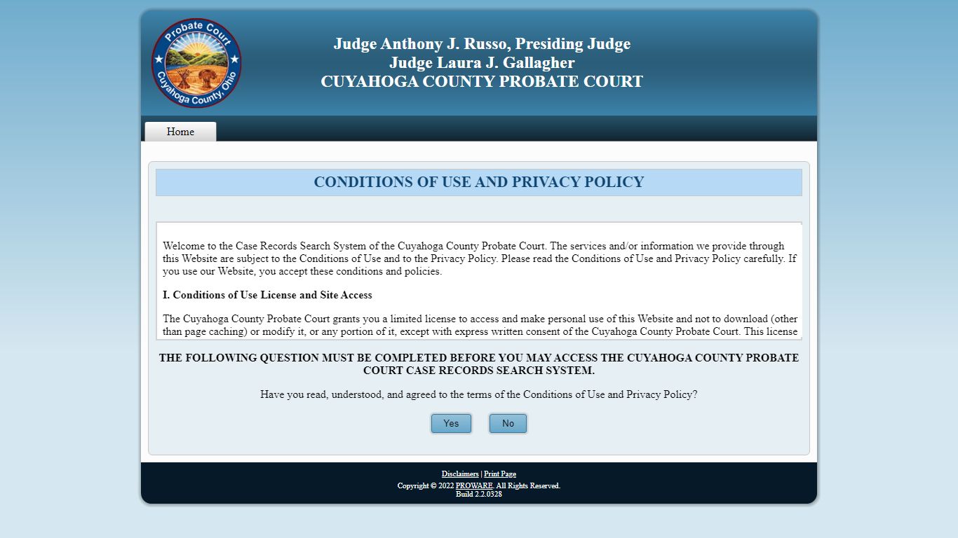 Probate Court of Cuyahoga County, Ohio - Web Docket Terms of Service